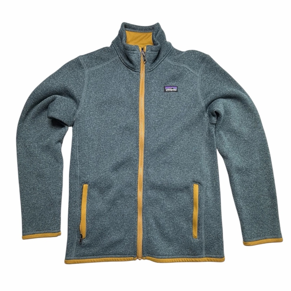 Patagonia Kids Blue and Tan Sweater Jacket Size Large